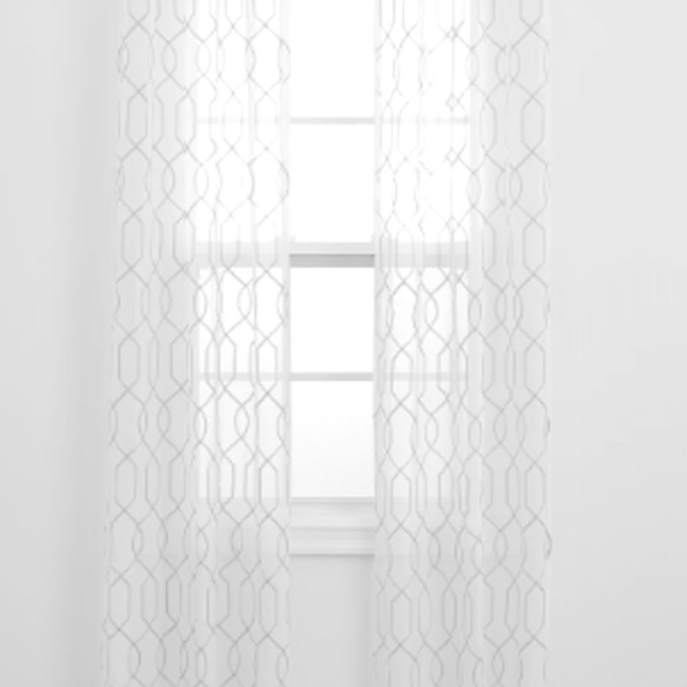 ๐ฏ White sheer window panel pair w/ eyelets white embroidered pattern - NWT - Picture 4 of 5